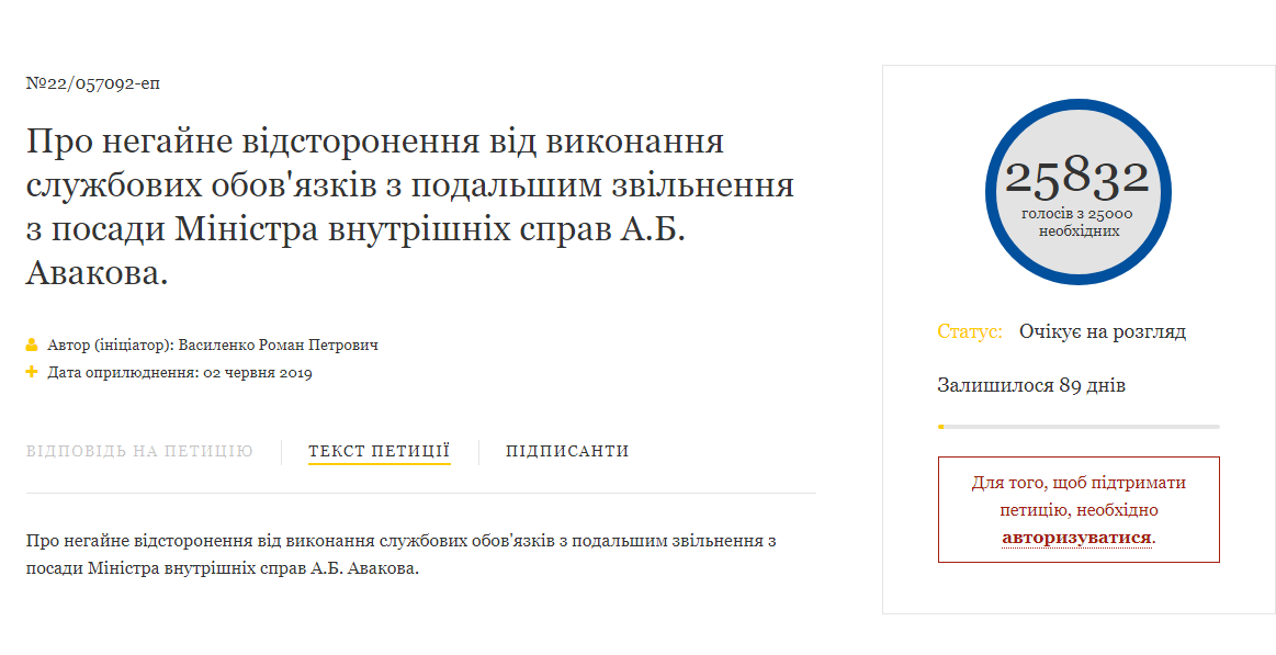 Петиція про відставку Авакова зібрала понад 25 тисяч підписів