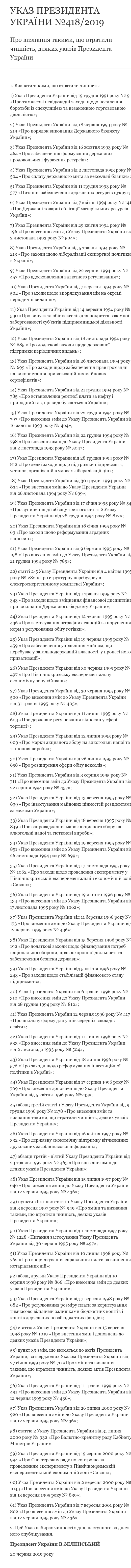 Зеленський скасував 61 економічний указ попередників 