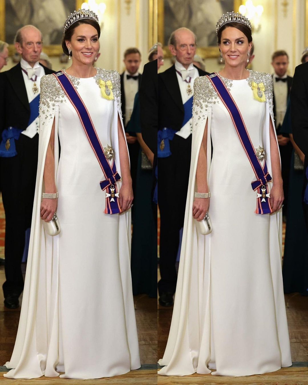 Кейт Миддлтон в белом платье-кейпе затмила всех на приеме в Букингемском дворце