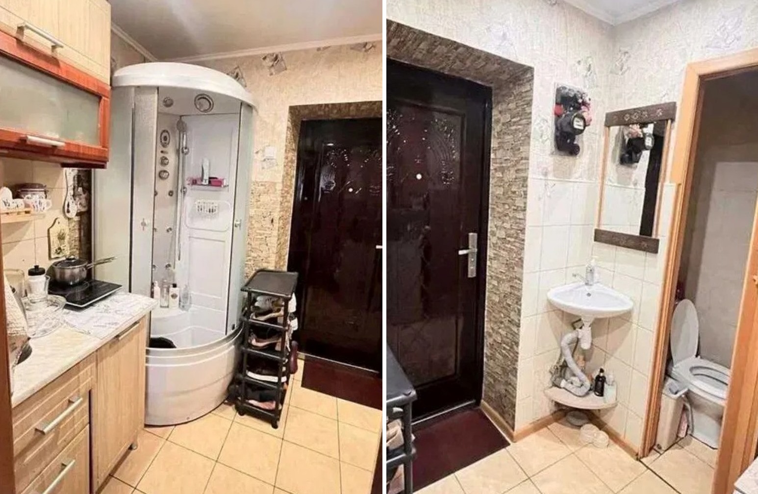 З душовою кабіною та раковиною біля вхідних дверей: у Києві продають незвичайне житло – фото