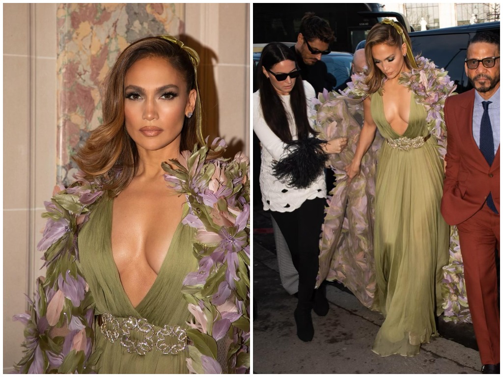 В платье с глубоким декольте и цветочной накидке: Дженнифер Лопес вышла в свет в Париже - today.ua