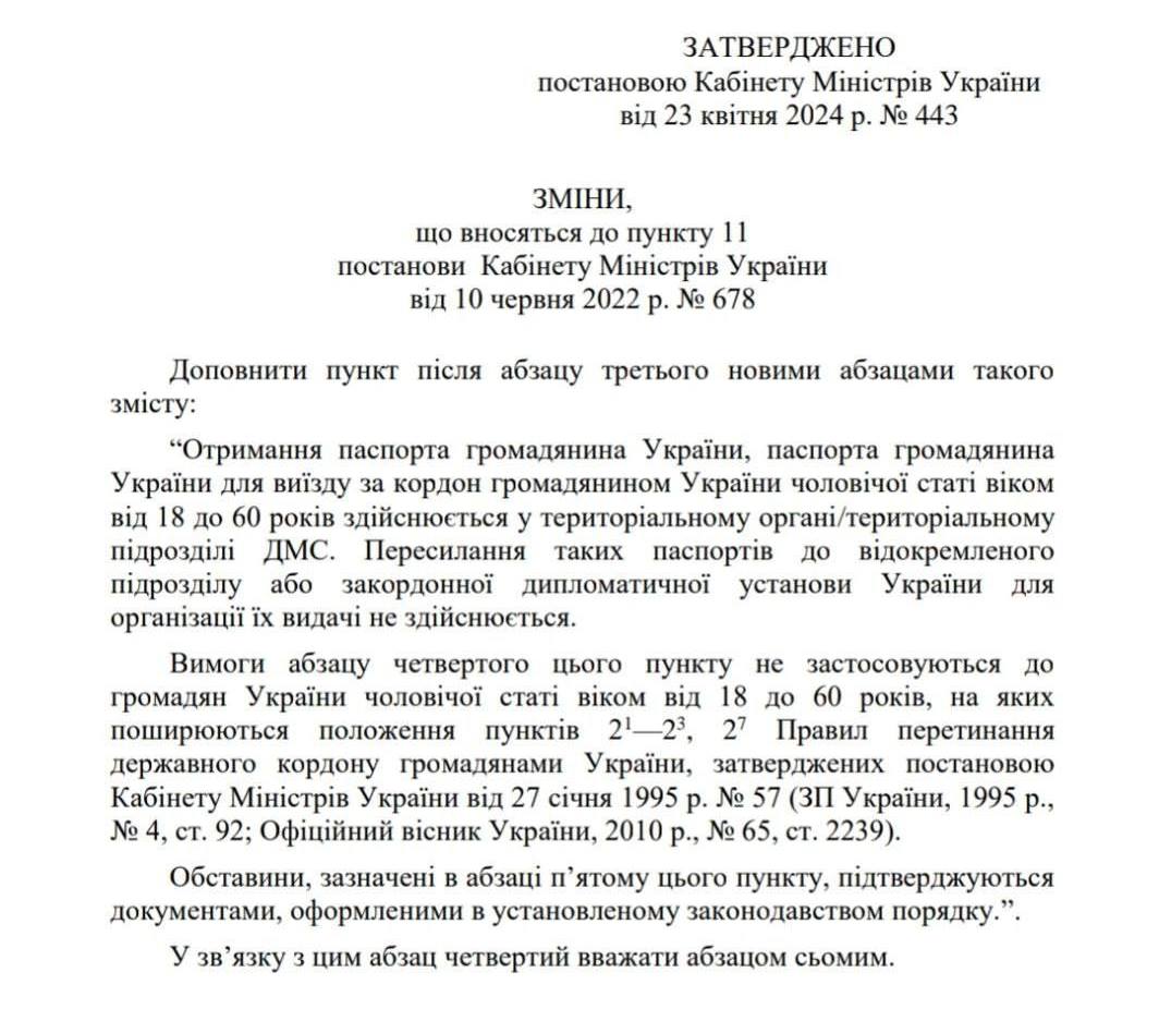 Кабмин запретил выдавать паспорта украинским мужчинам за границей